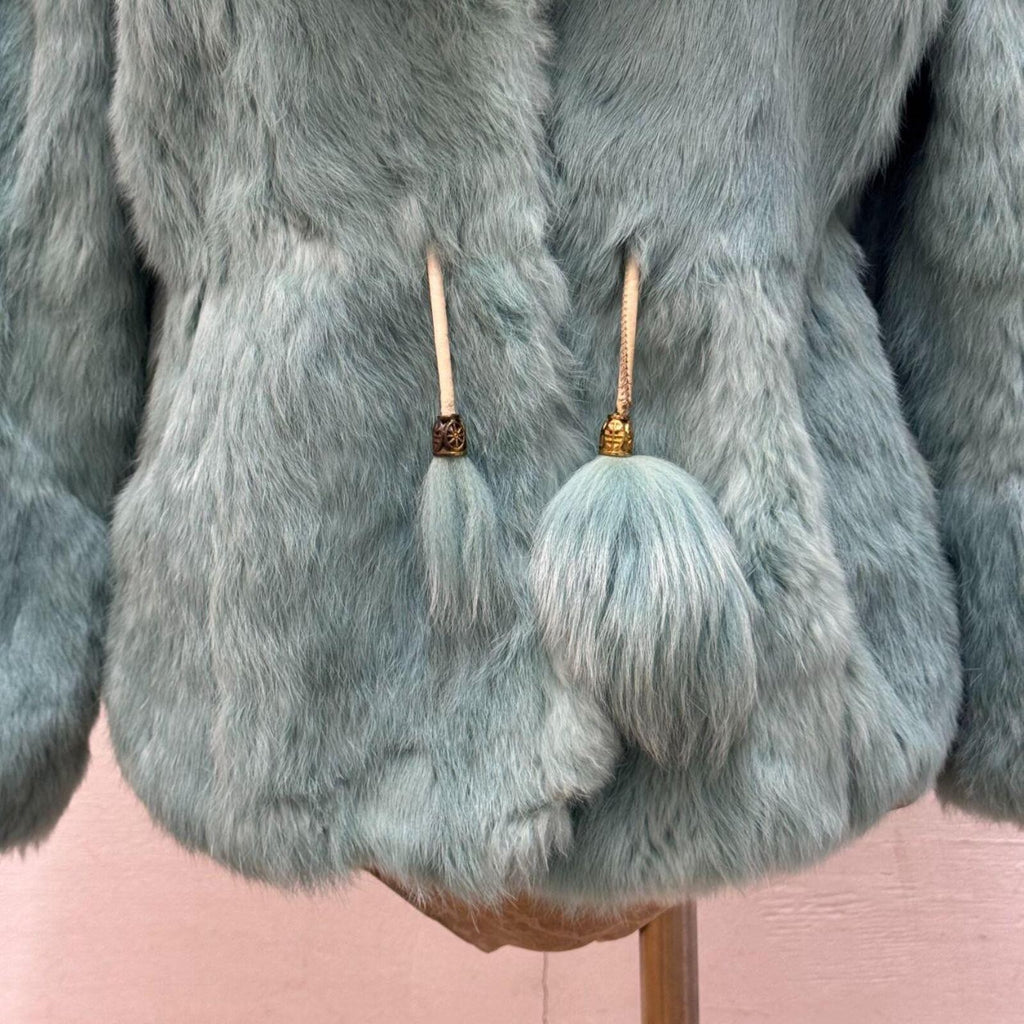 Y2K Turquoise Rabbit and Fox Fur Pom Pom Jacket