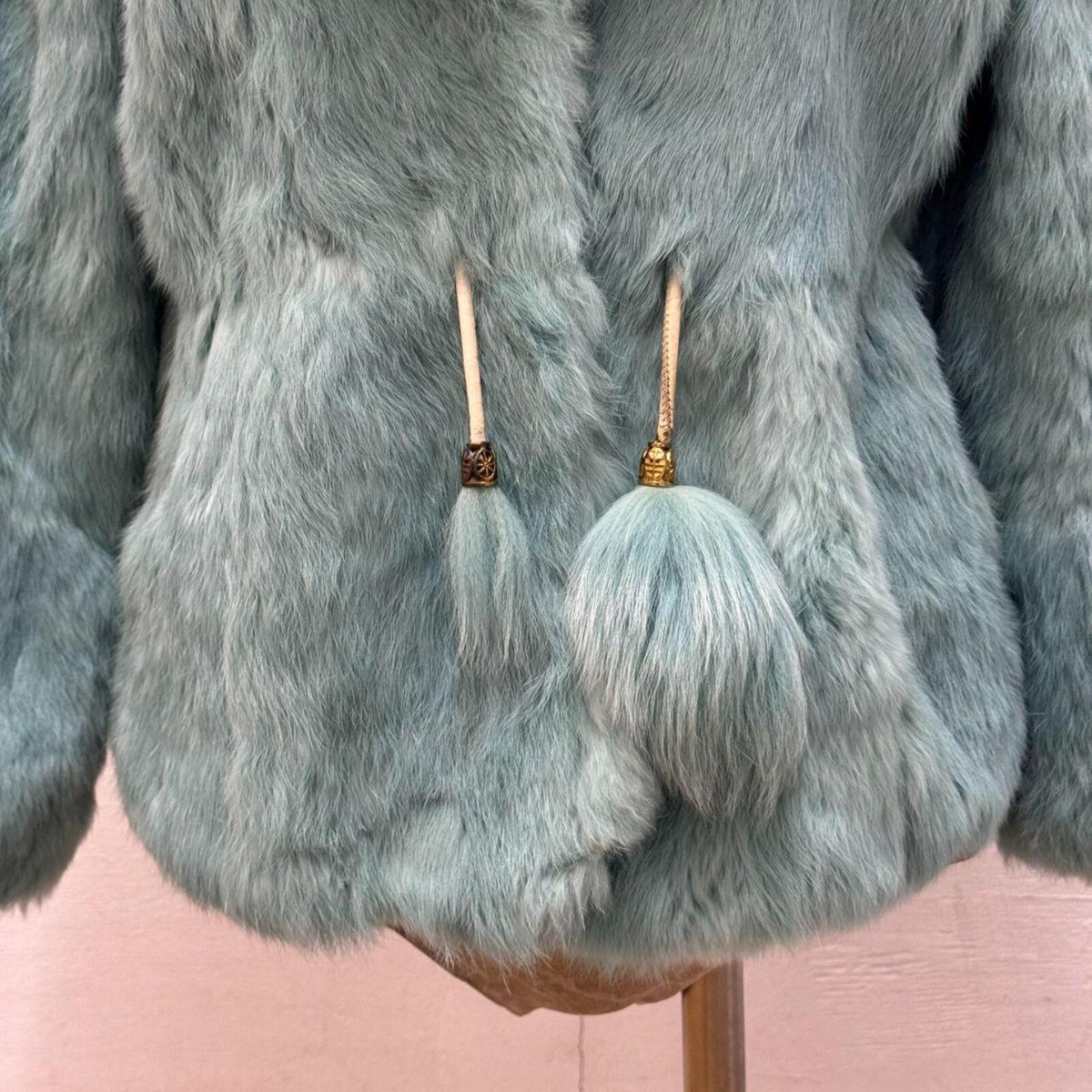 Y2K Turquoise Rabbit and Fox Fur Pom Pom Jacket
