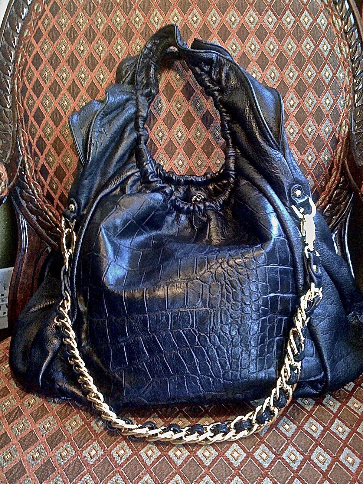BE & D New York Cosette Croc Leather Tote Bag Large Black