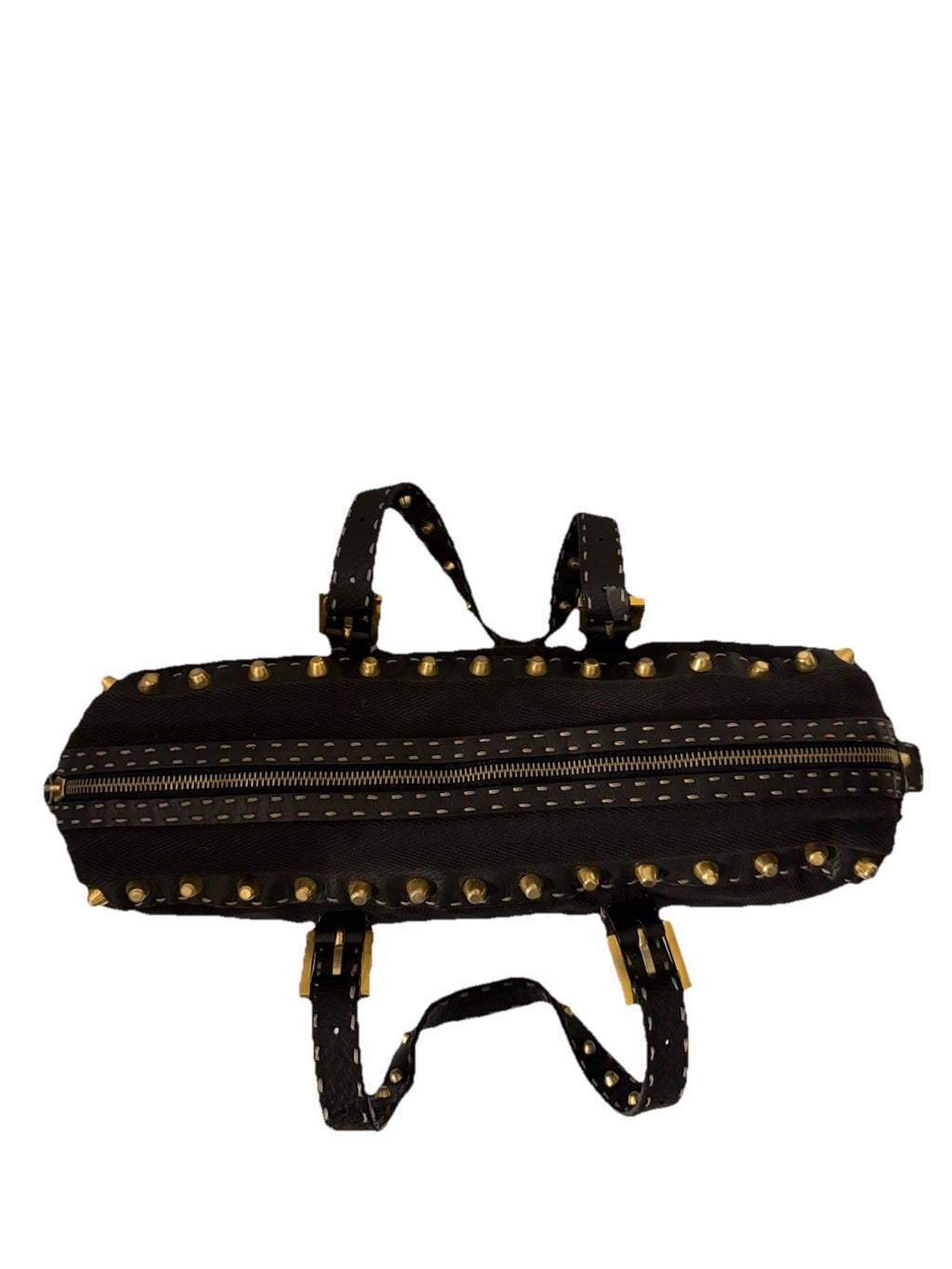Auth.FENDI SELLERIA Black Canvas Leather -Trimmed Studded Handbag Vintage 2000s