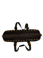 Auth.FENDI SELLERIA Black Canvas Leather -Trimmed Studded Handbag Vintage 2000s