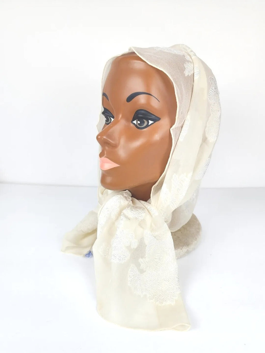 Antique Chiffon Silk Scarf Head & Neck Scarf Delicate Floral White Lace 1900's