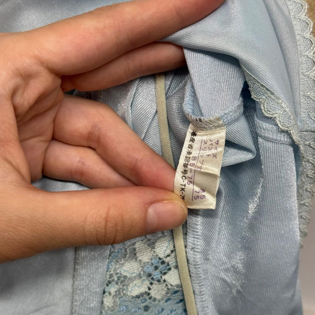 Vintage Japanese Baby Blue Satin Floral Lace Mini Slip Dress