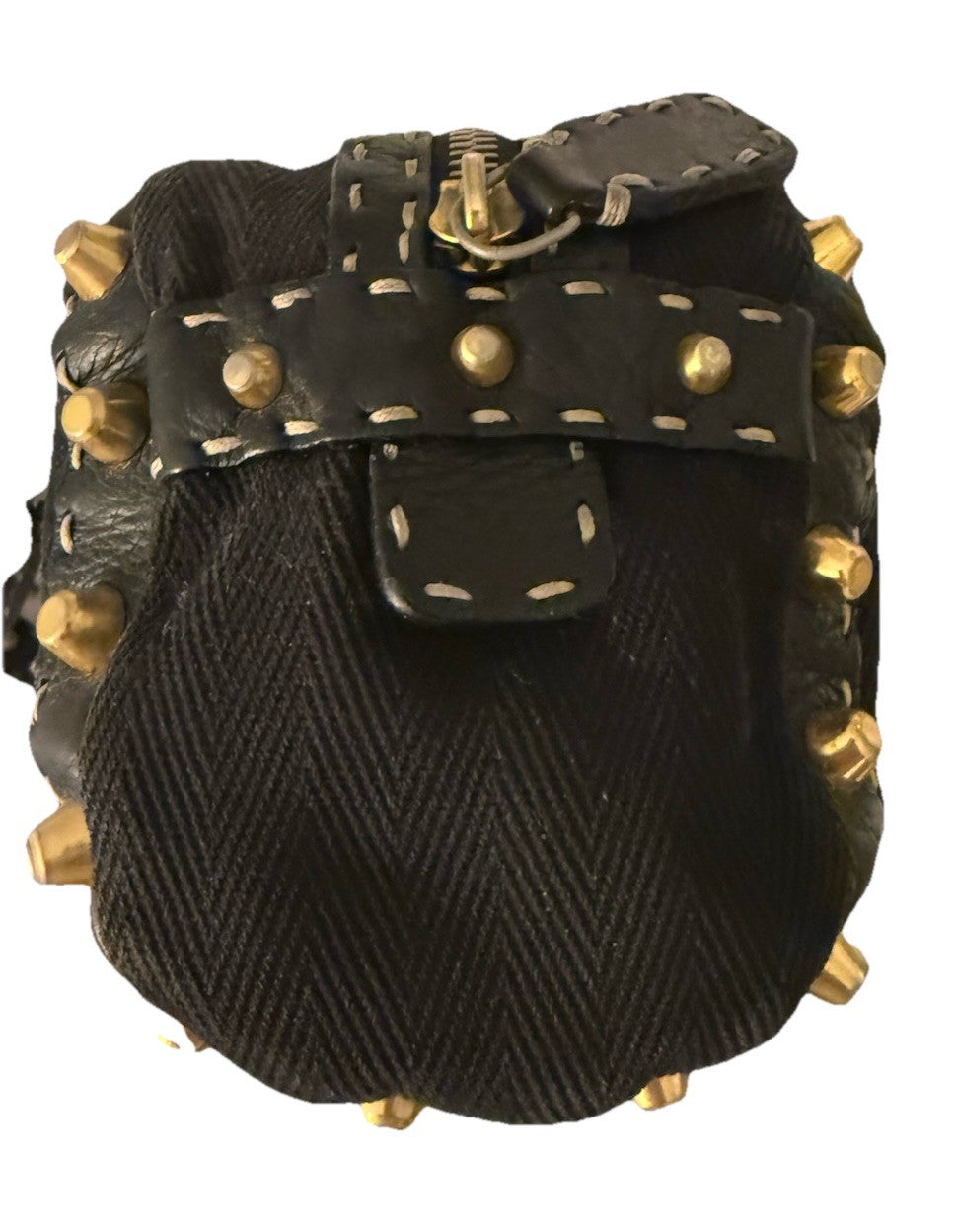 Auth.FENDI SELLERIA Black Canvas Leather -Trimmed Studded Handbag Vintage 2000s