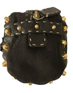 Auth.FENDI SELLERIA Black Canvas Leather -Trimmed Studded Handbag Vintage 2000s