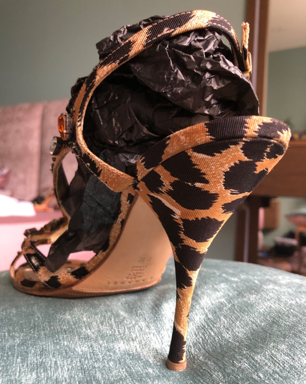 Vintage Casadei Leopard Rhinestone Sandals Y2K Crystal Slingback Heels 9.5 Flaw