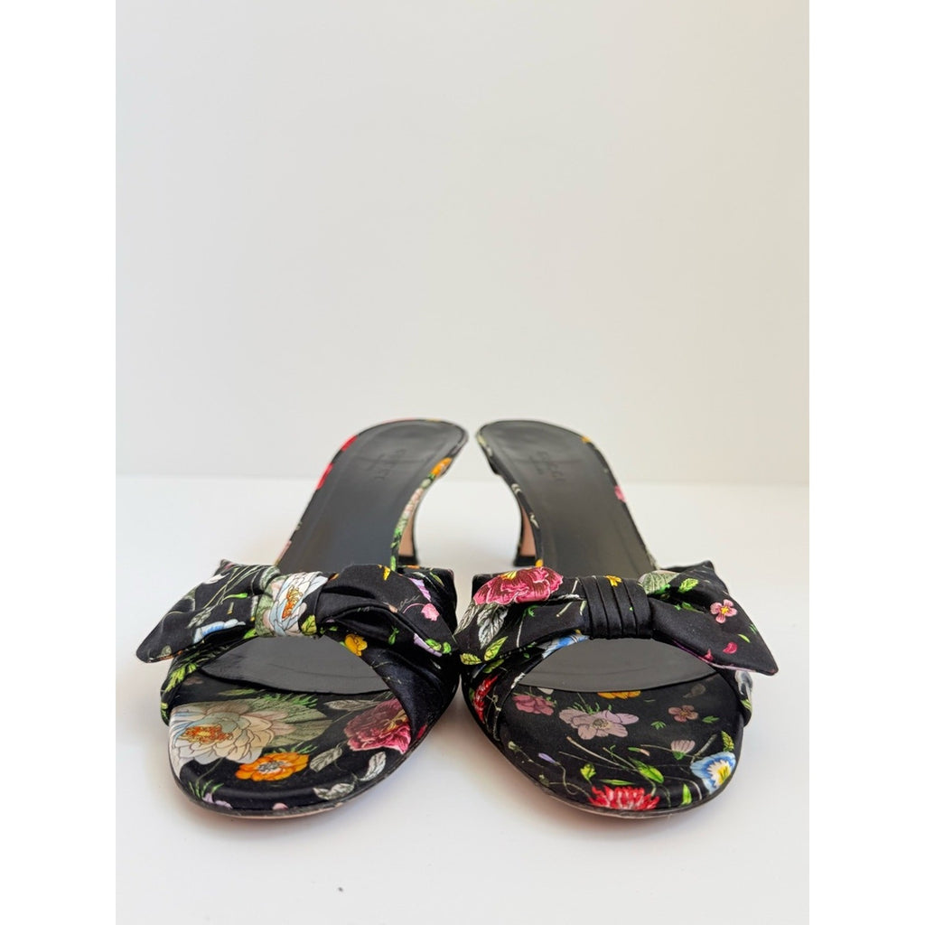 Gucci Flora Satin Bow Mule Heels Black Floral US 6