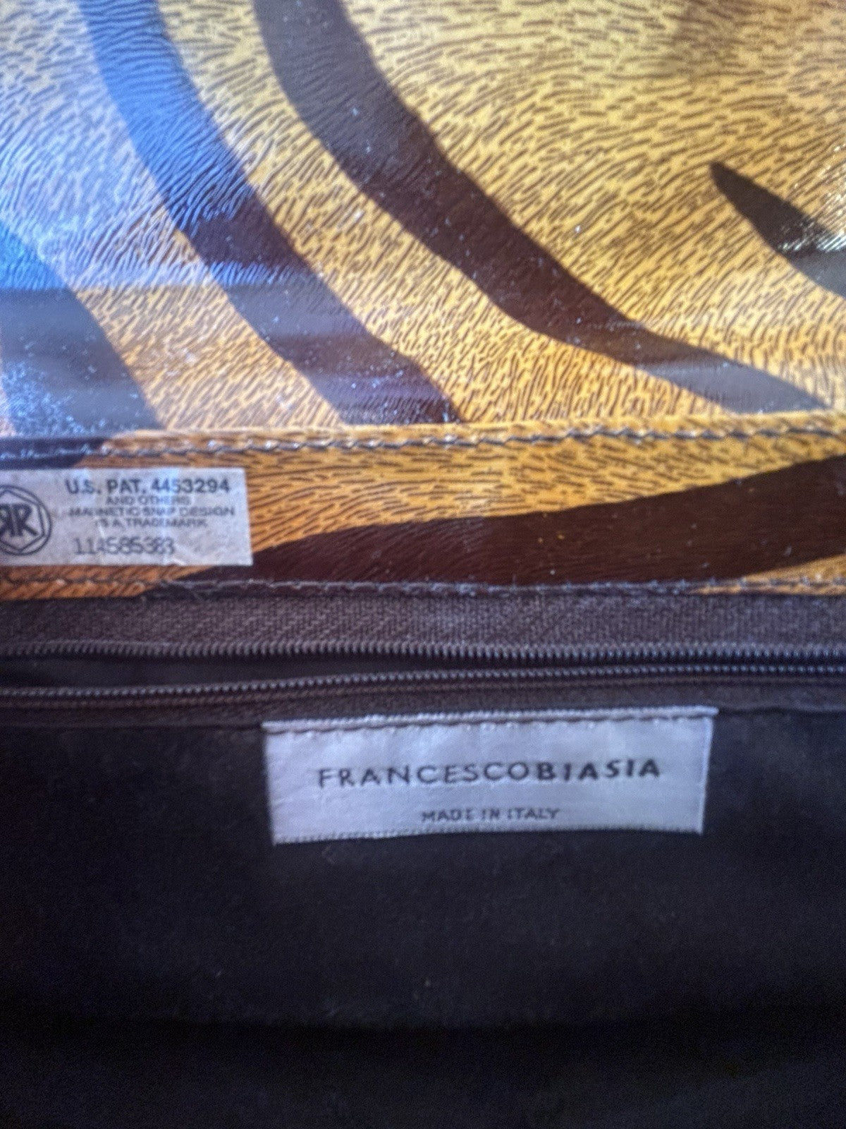 Vintage Francesco Biasia Tiger Stripe Leather Clutch Bag Italy Magnetic Snap