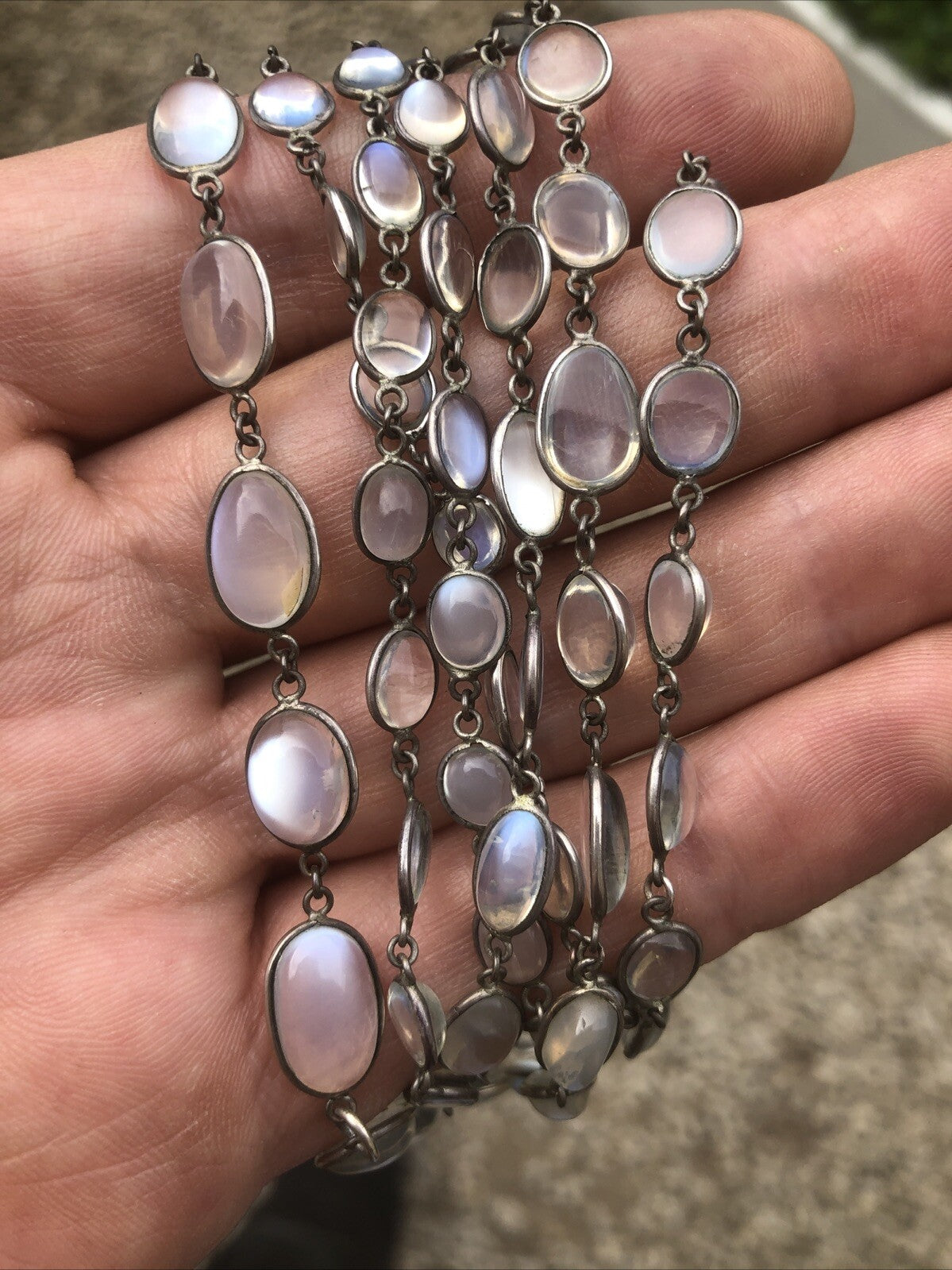 Victorian Silver Natural Moonstone Necklace /Guard  Chain 28g 122cm DLZX