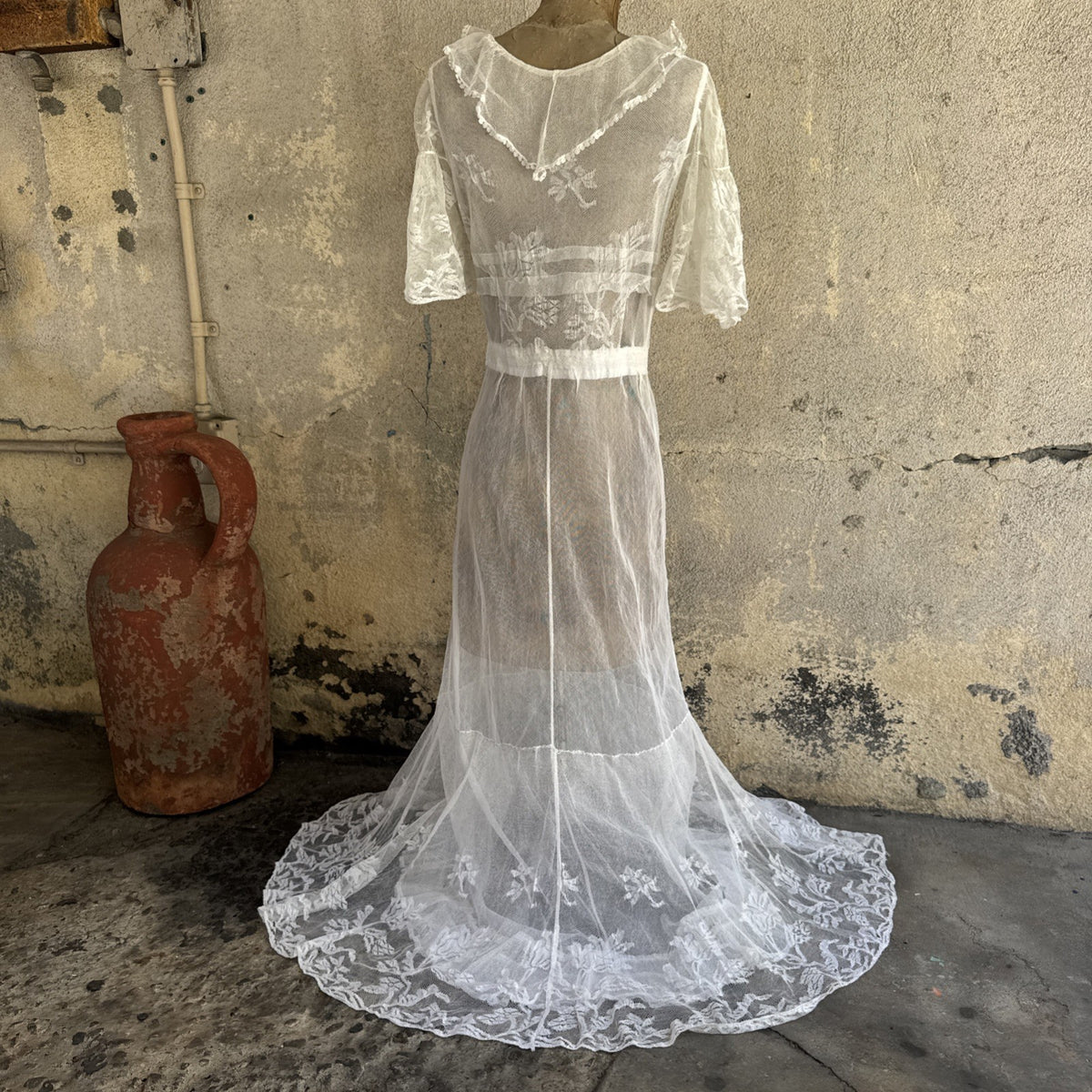Antique Edwardian White Net Lace Dress Floral Lace Maxi Ruffle Bridal Vintage