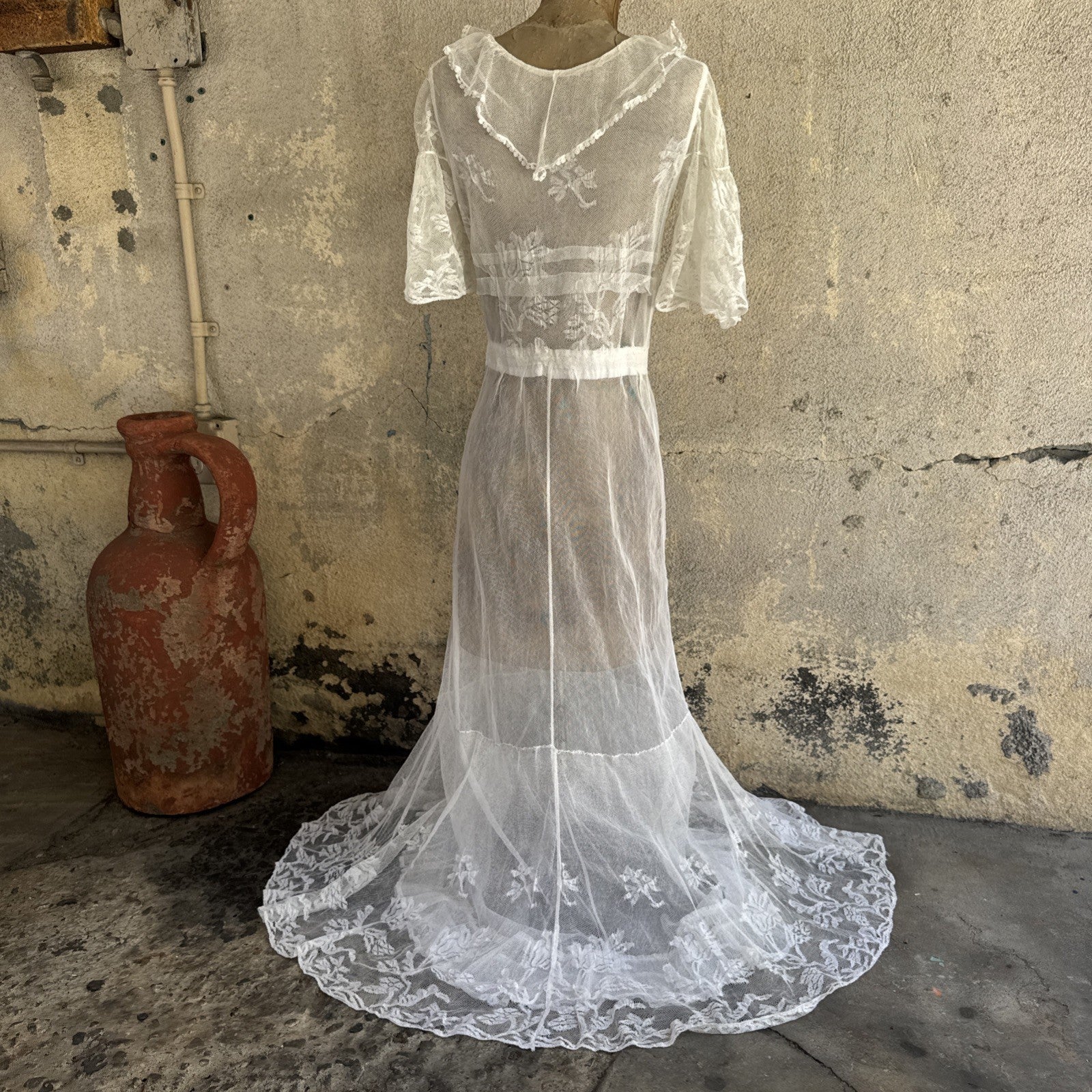 Antique Edwardian White Net Lace Dress Floral Lace Maxi Ruffle Bridal Vintage