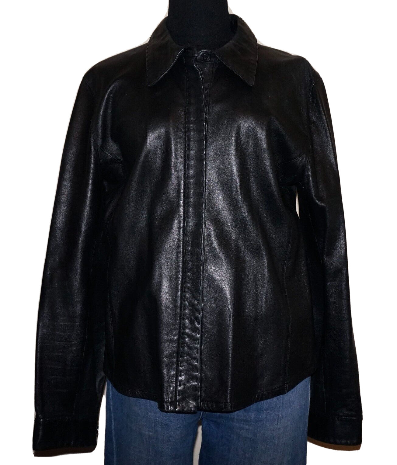 90's Vintage MARSHALL FIELD'S Black Leather Button Up Shirt LARGE *RUNS SMALL