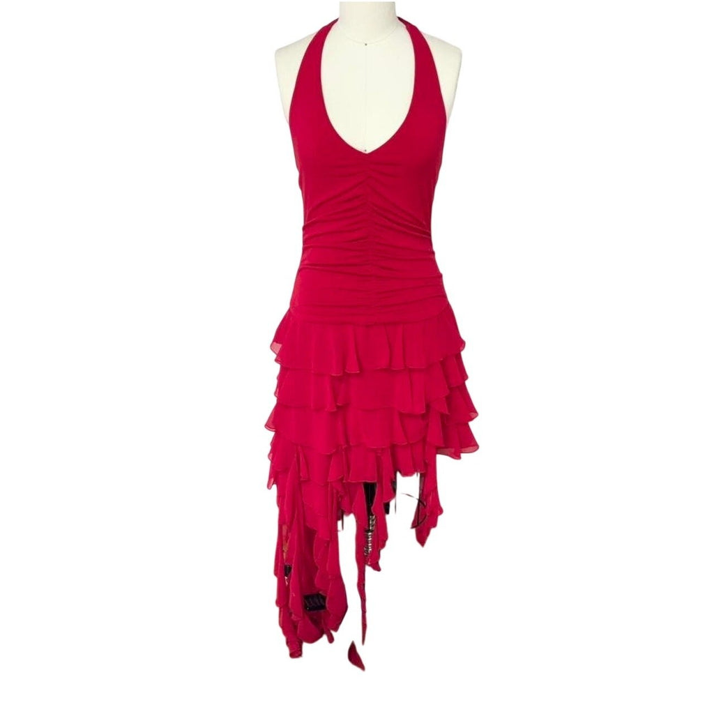 Cache Red Halter Ruffled Dress