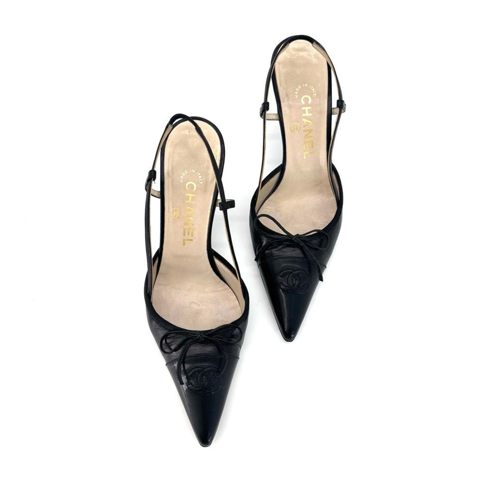 Vintage Chanel CC Logo Bow Black Leather Slingback Pointed Toe Pumps 38.5EU