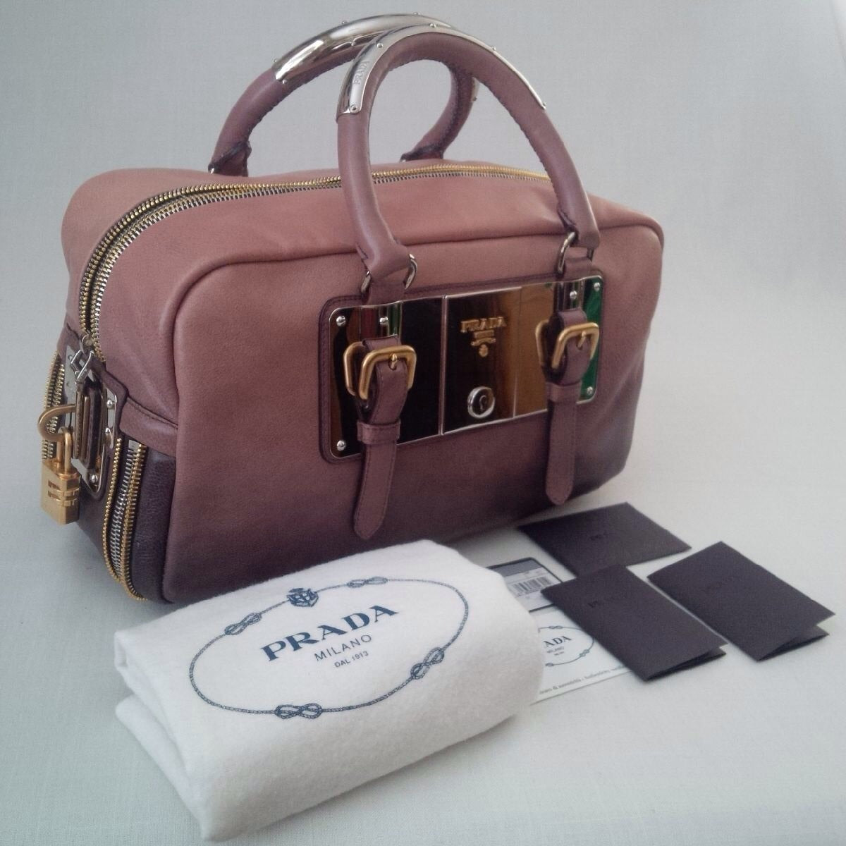 Prada Bauletto Leather Handbag Ardesia Nudo