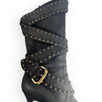Manolo Blahnik YKK Mid Calf Strap Studded Leather Black Boots Stilettos -  38