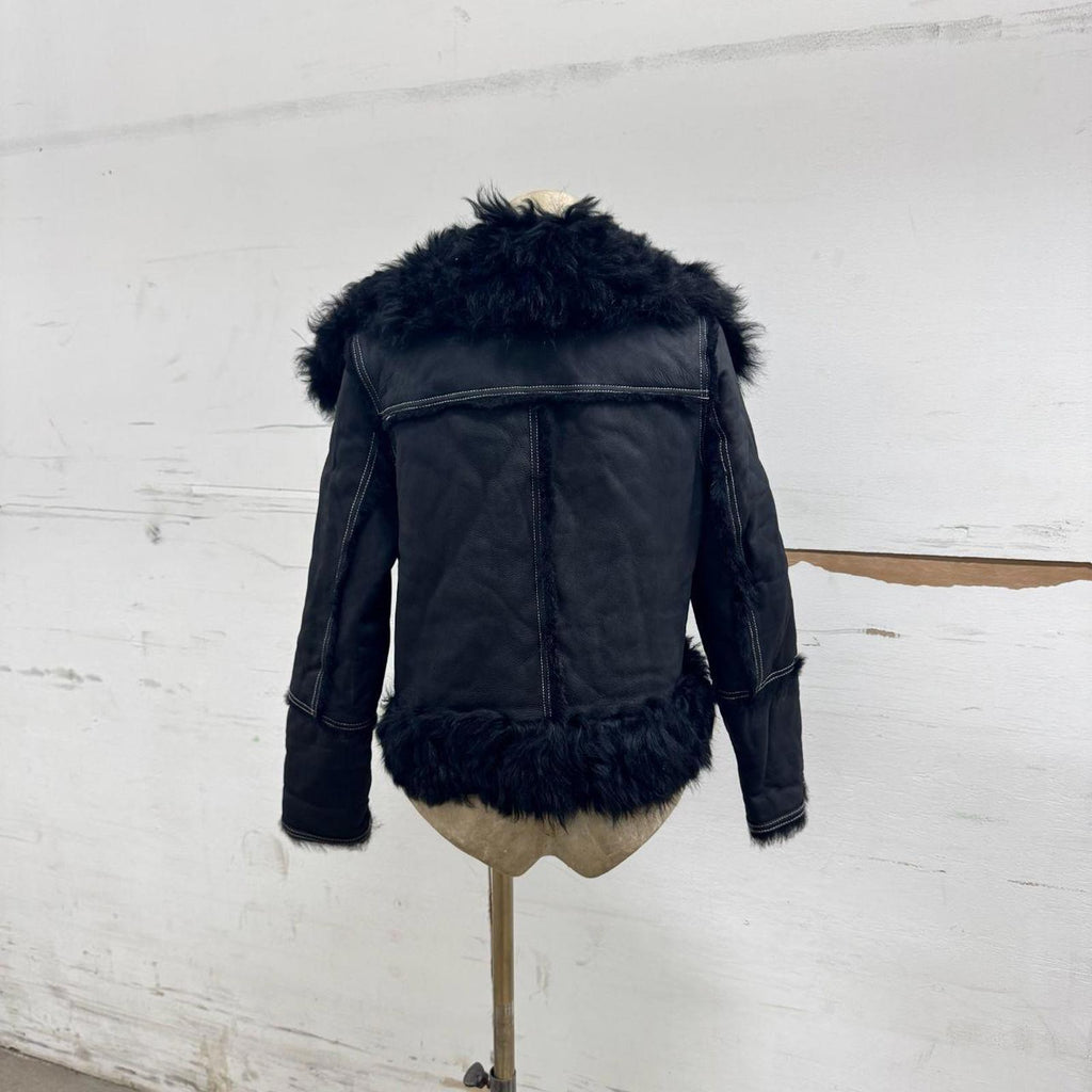Vintage Black Gold Embellished Leather and Shearling Statement Jacket