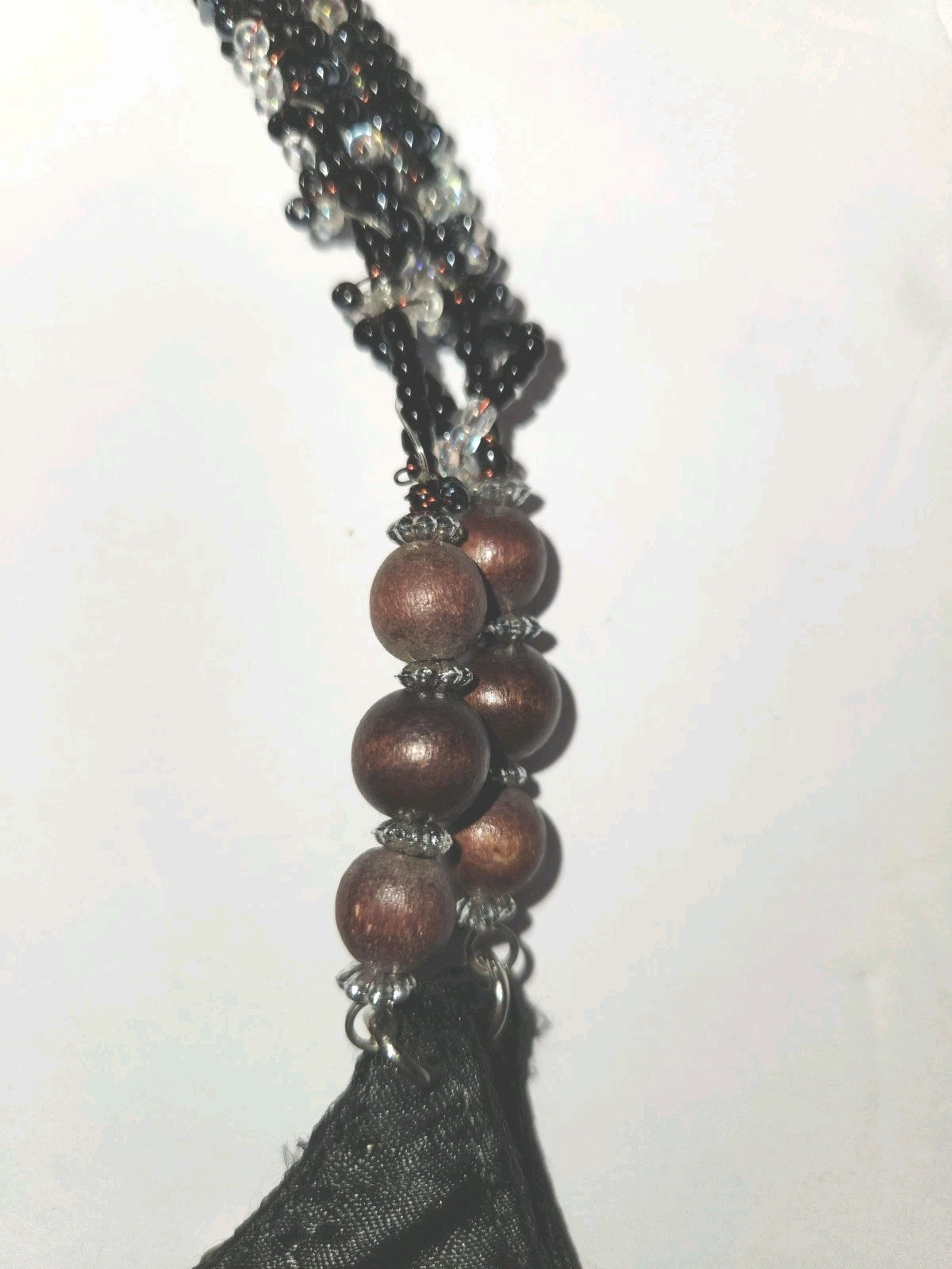 Vintage Black Satin Handbag With mother-of-pearl Shell Fringe & Beads Small 6X7"