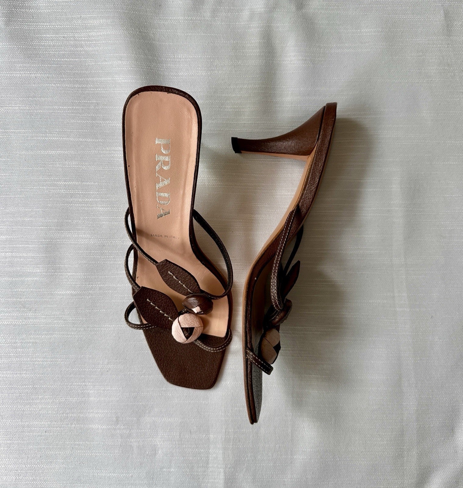 Vintage 90s 2000s PRADA Leather Rosebud Brown Pink Kitten Heels Sandals Size 37
