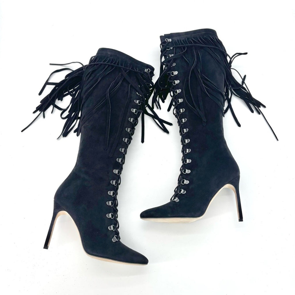 Manolo Blahnik 2015 Fringed Laceup Siouxi 105 Suede Knee High Heeled Boots 37.5