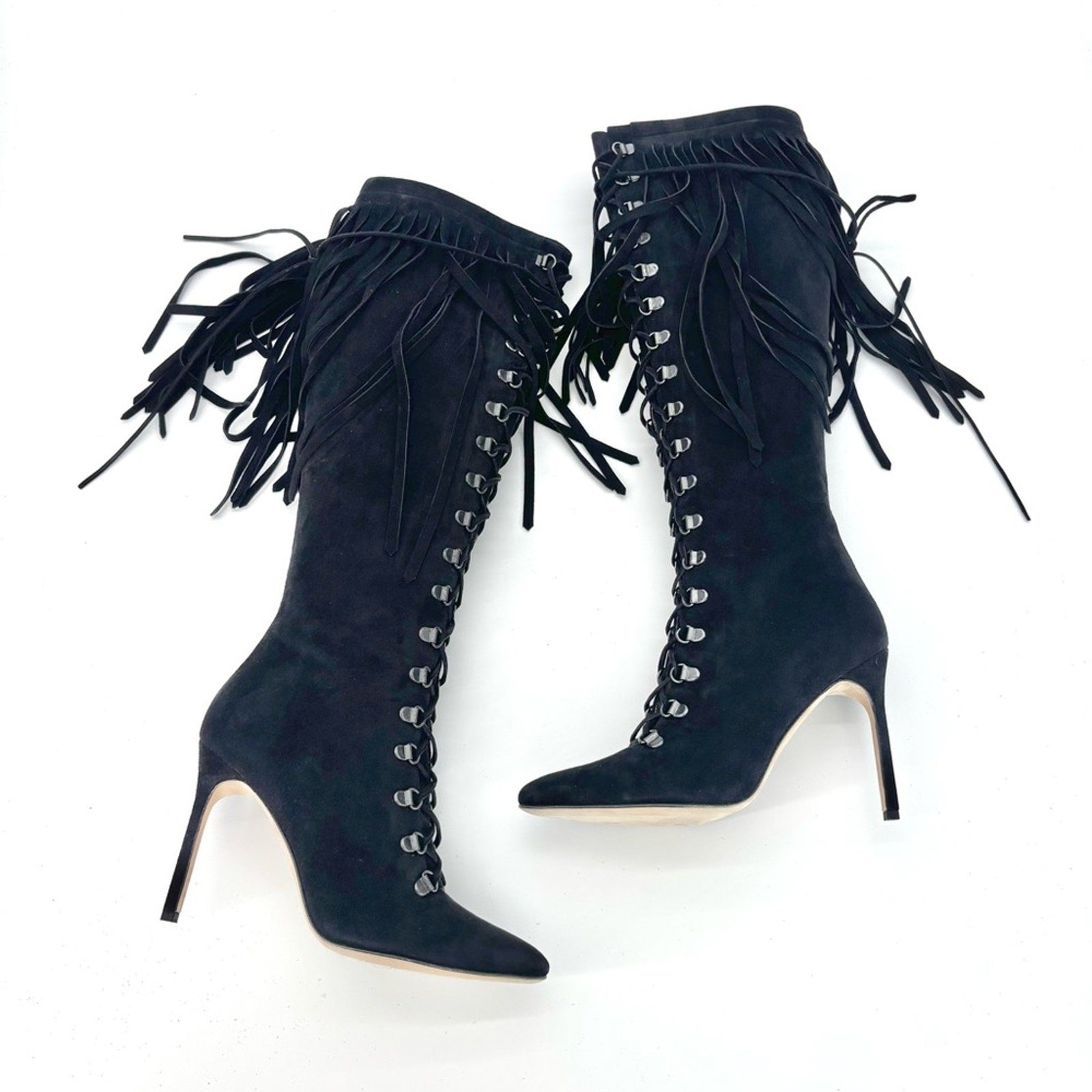 Manolo Blahnik 2015 Fringed Laceup Siouxi 105 Suede Knee High Heeled Boots 37.5