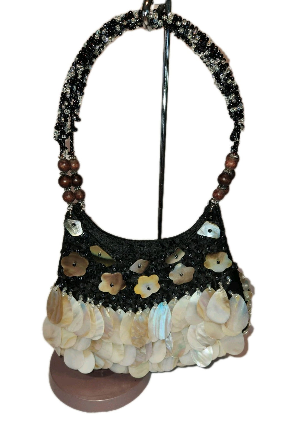 Vintage Black Satin Handbag With mother-of-pearl Shell Fringe & Beads Small 6X7"