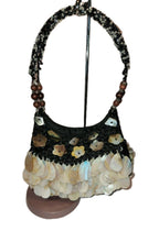 Vintage Black Satin Handbag With mother-of-pearl Shell Fringe & Beads Small 6X7"