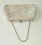 Vintage White Beaded Purse Clutch Bag Handbag Thin Gold Chain Handle
