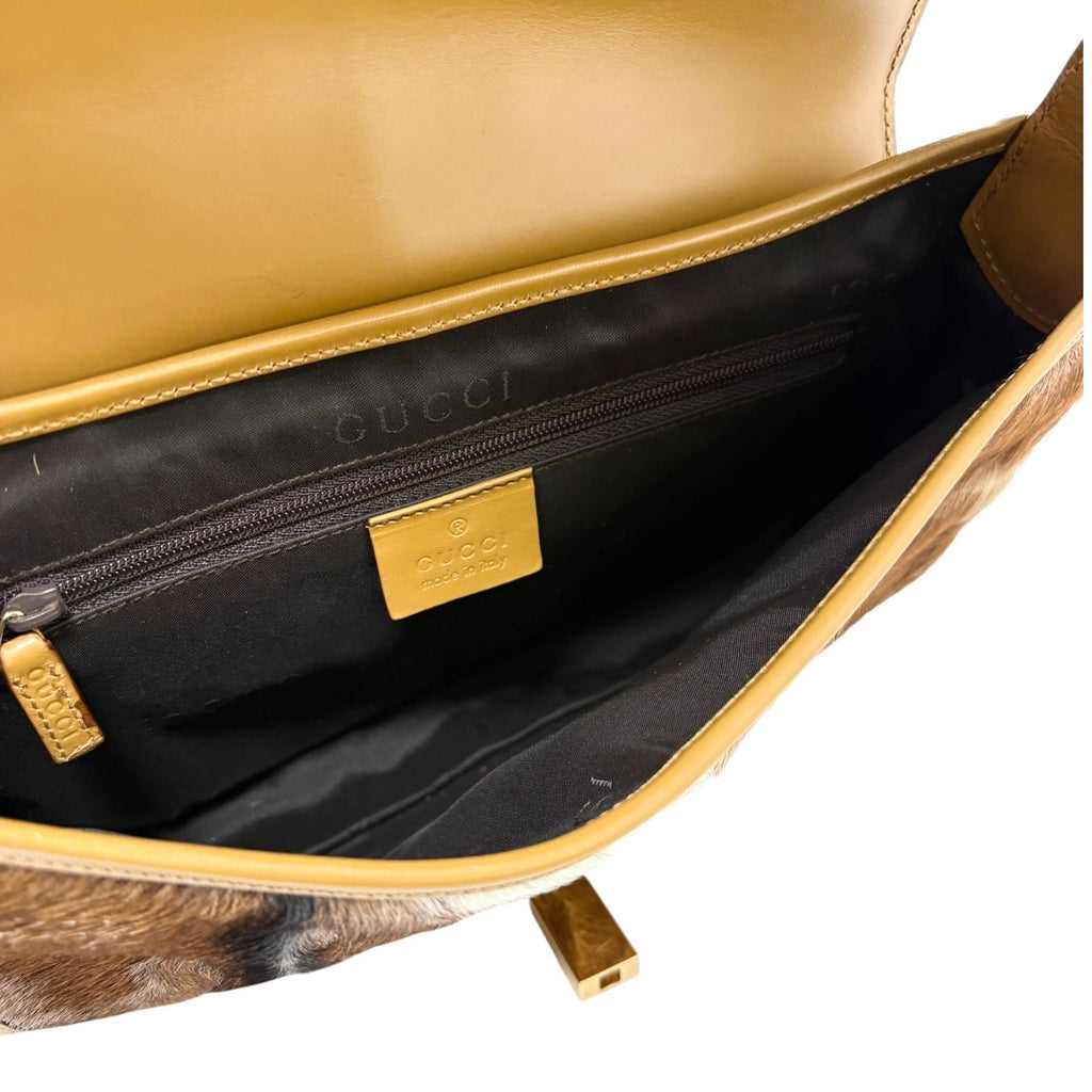 GUCCI Vintage Jackie Cow Pony Calf Hair Shoulder Bag Brown Camel Leather