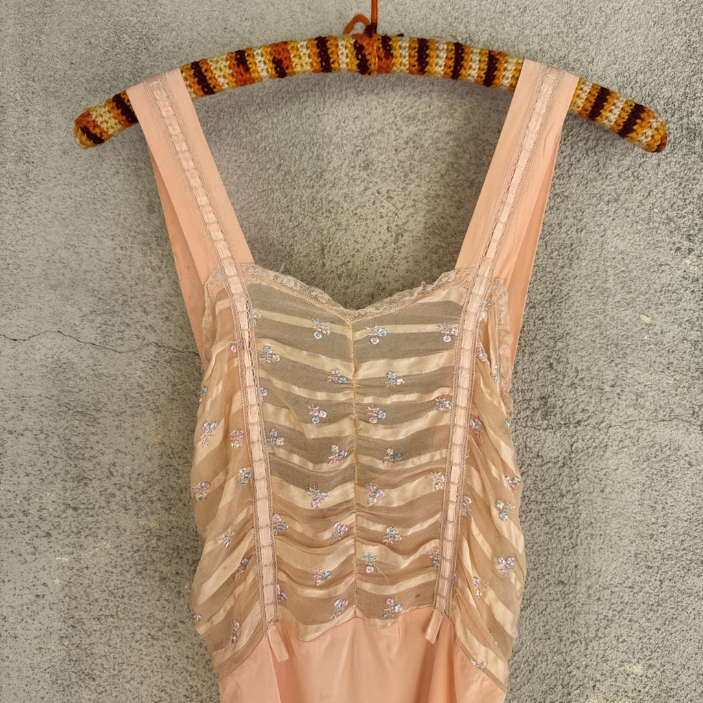 Vintage 1930s Pink Rayon Satin Slip Dress Bias Cut Embroidered Cherries Gown