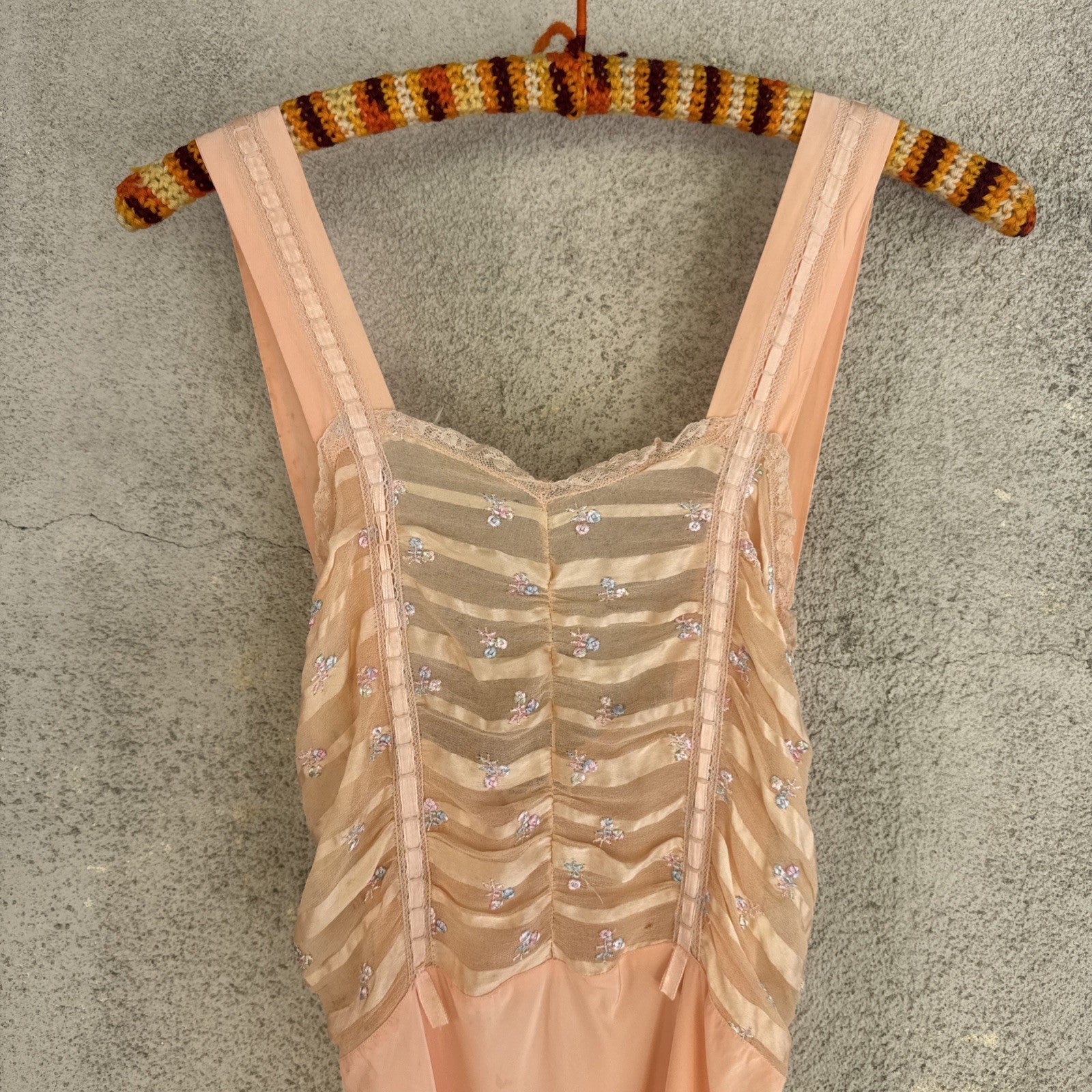 Vintage 1930s Pink Rayon Satin Slip Dress Bias Cut Embroidered Cherries Gown