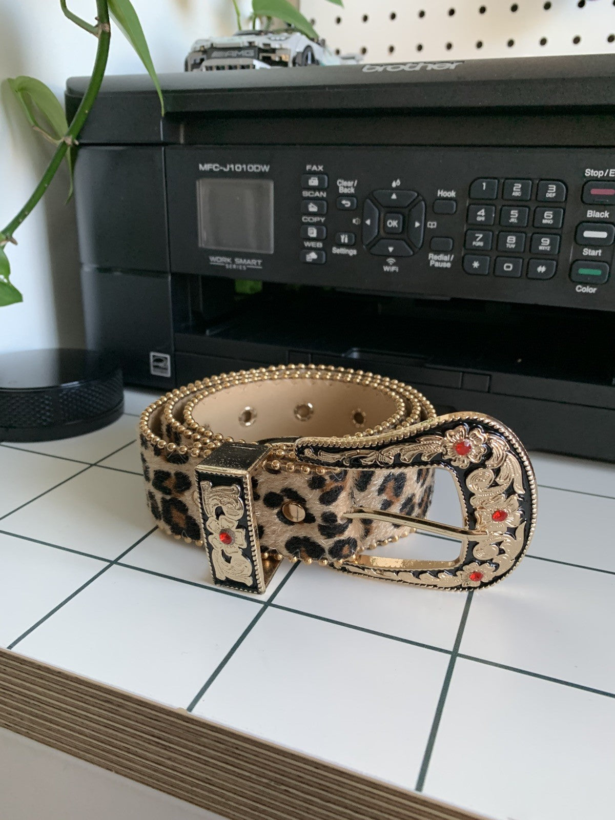 Vintage Style Gold Crystal Studded Leopard Western Leather Cowboy Belt