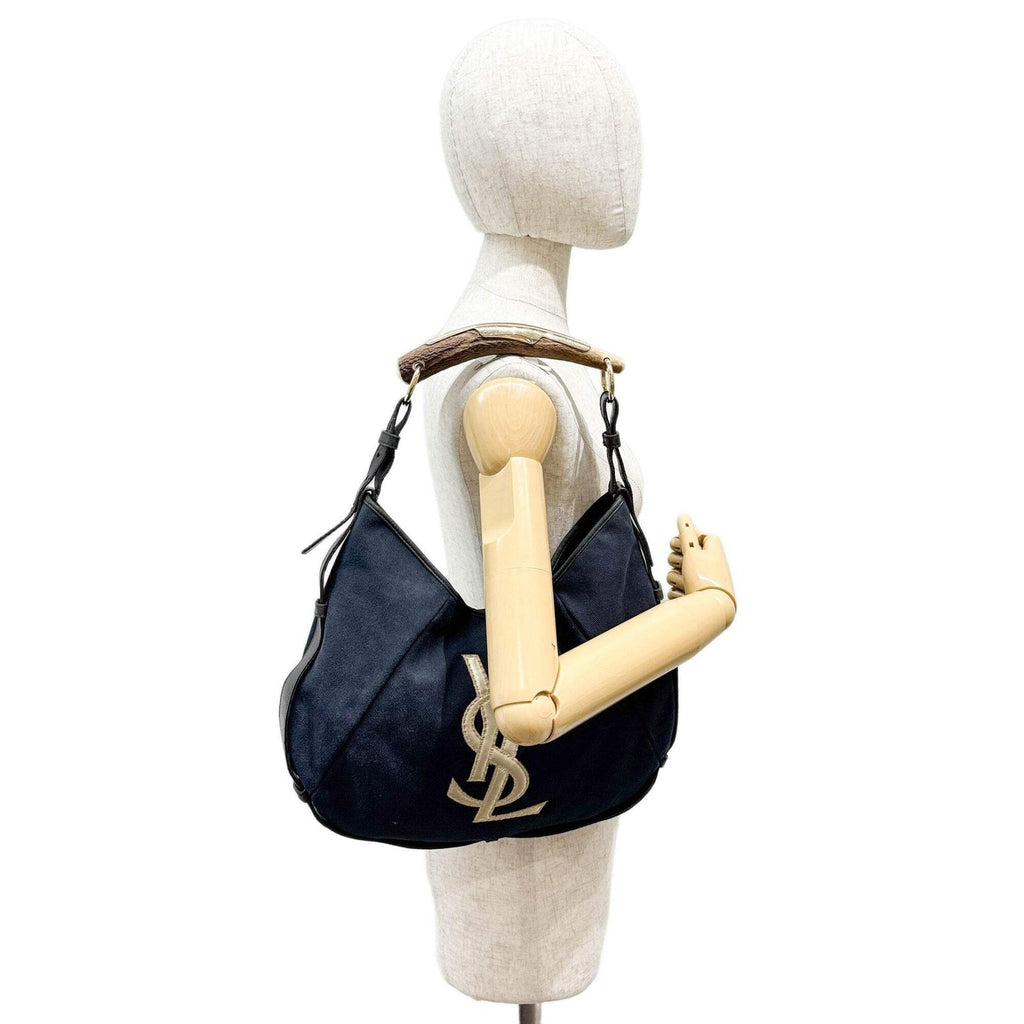 SAINT LAURENT Mombasa YSL Logo Navy Blue Canvas Shoulder Bag