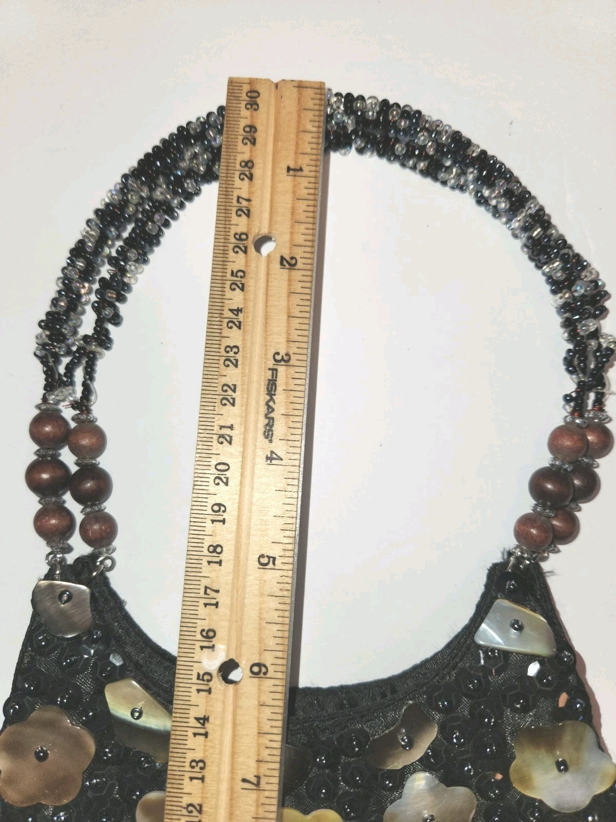 Vintage Black Satin Handbag With mother-of-pearl Shell Fringe & Beads Small 6X7"