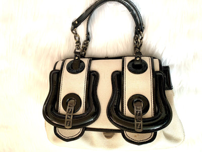 Fendi Vintage Shoulder Bag, Cream Canvas & Black Patent