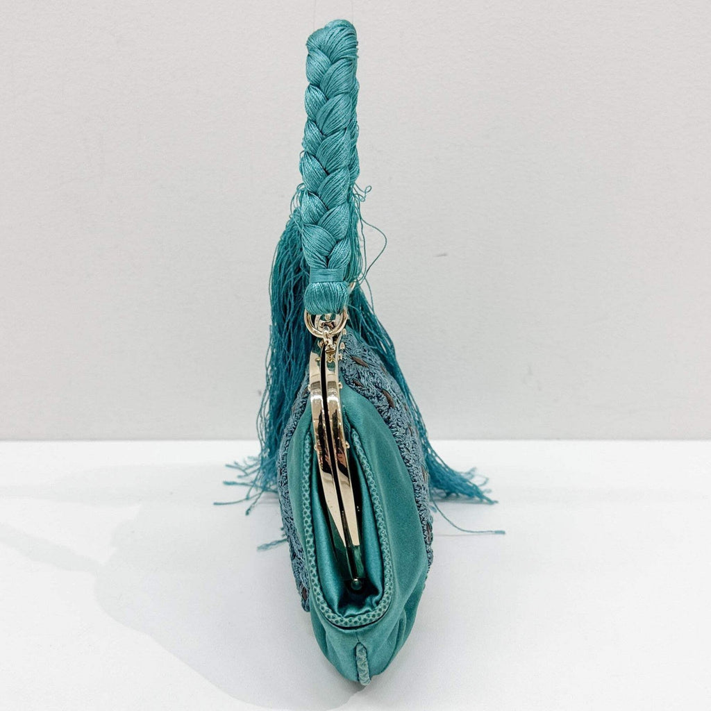 GUCCI Embroidered Teal Satin Hand Bag