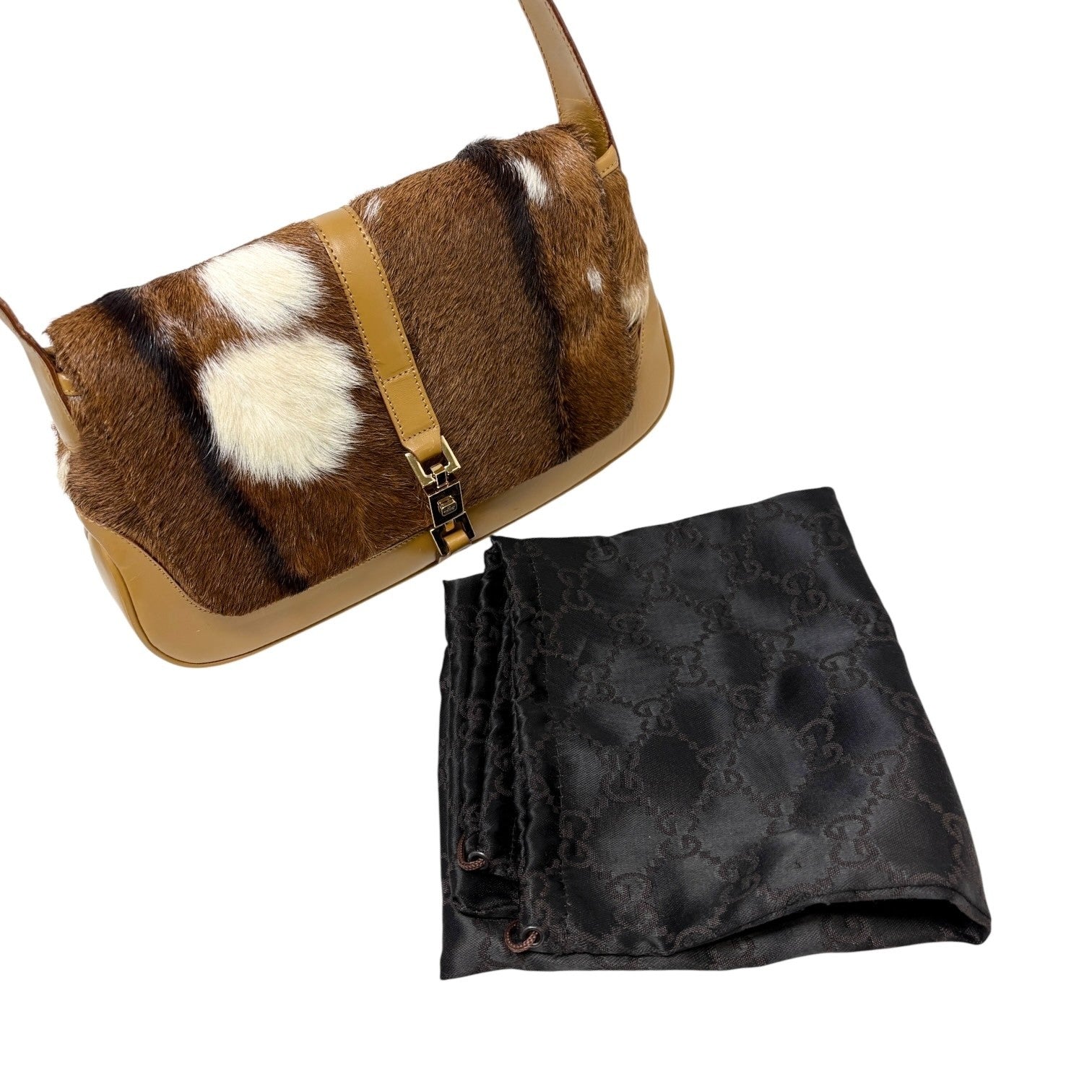 GUCCI Vintage Jackie Cow Pony Calf Hair Shoulder Bag Brown Camel Leather