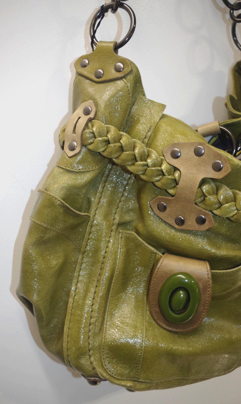 Jamin Puech Green Patent Leather Handbag with Braided Belt