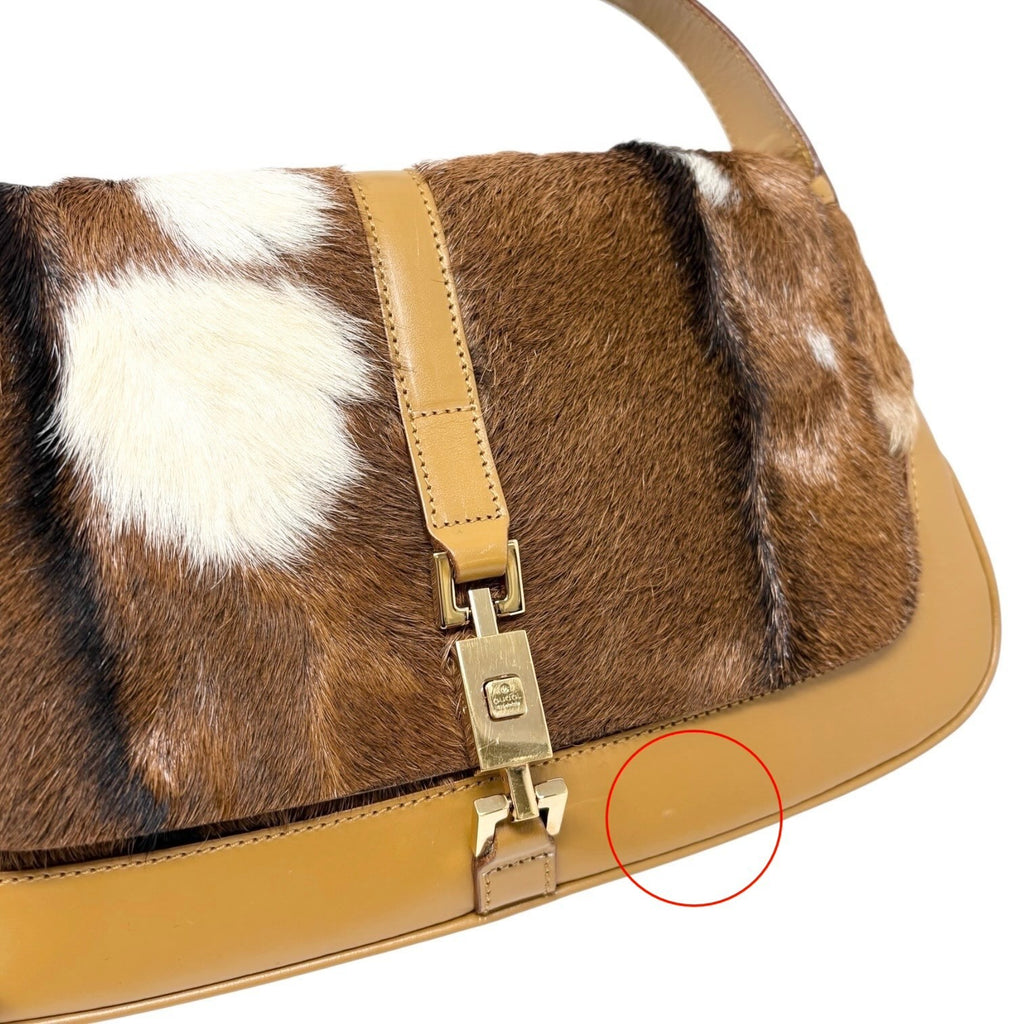 GUCCI Vintage Jackie Cow Pony Calf Hair Shoulder Bag Brown Camel Leather