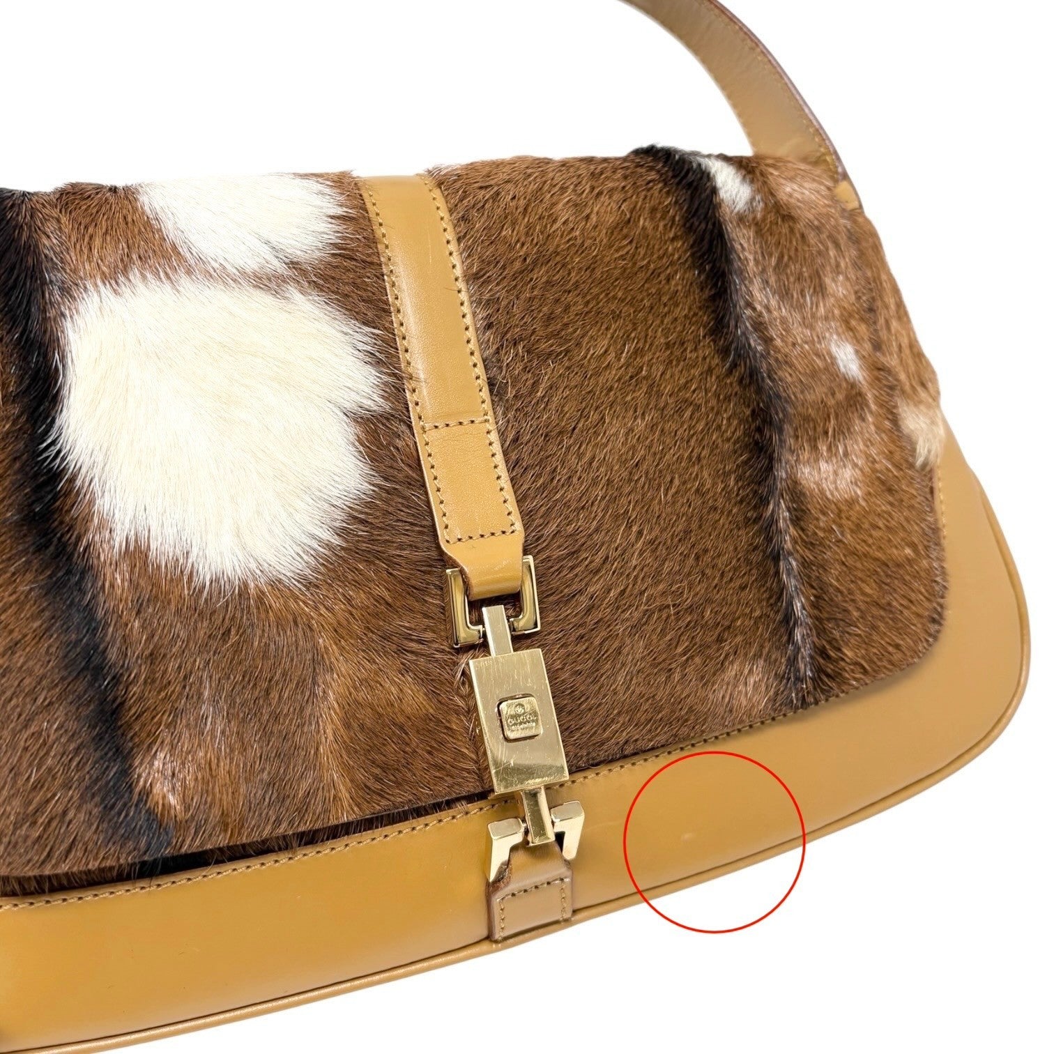 GUCCI Vintage Jackie Cow Pony Calf Hair Shoulder Bag Brown Camel Leather