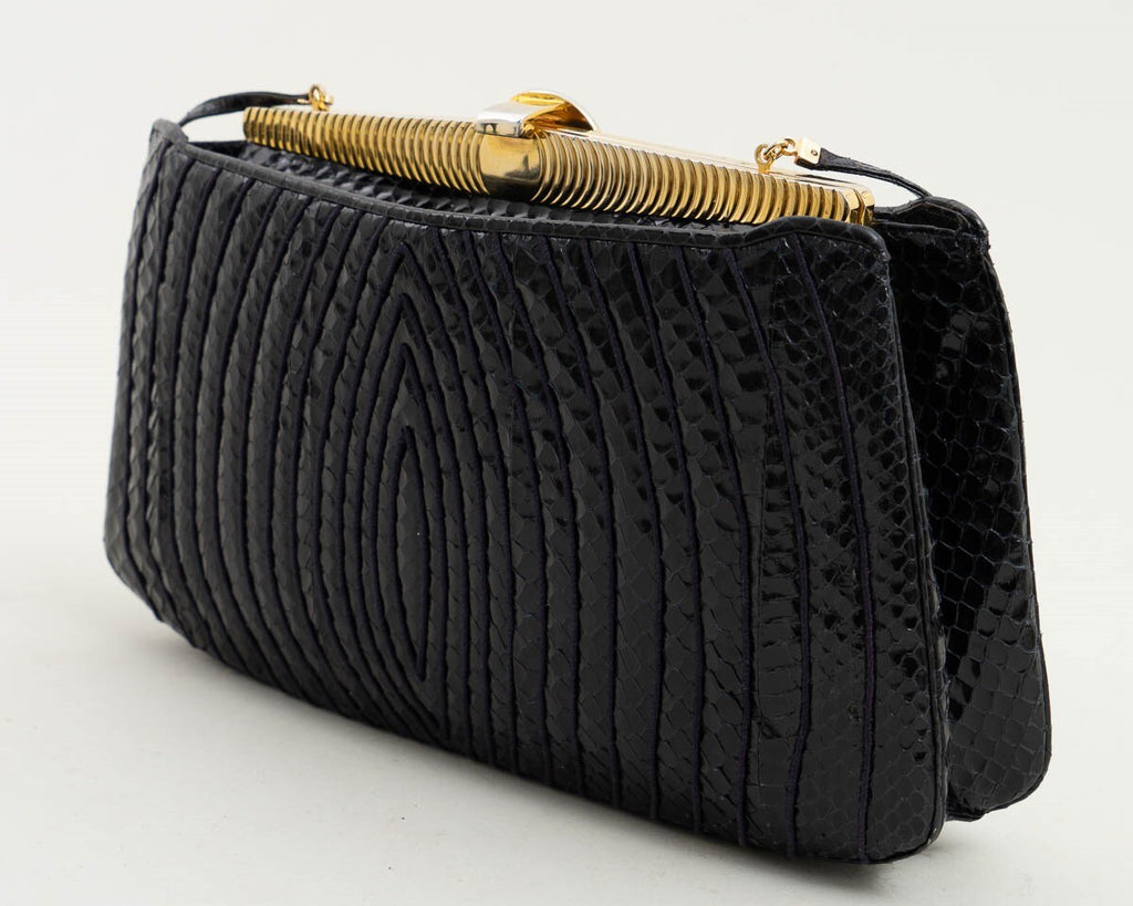 Vintage Judith Leiber Black Snakeskin Clutch Handbag Purse w. Lapis Lazuli Clasp