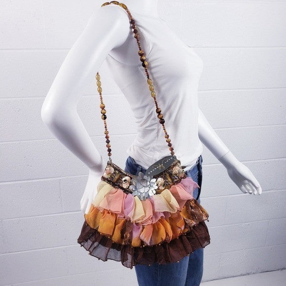 Mary Frances Beaded Tulle Ruffle Wicker Shoulder Bag Mother of Pearl Earthtones