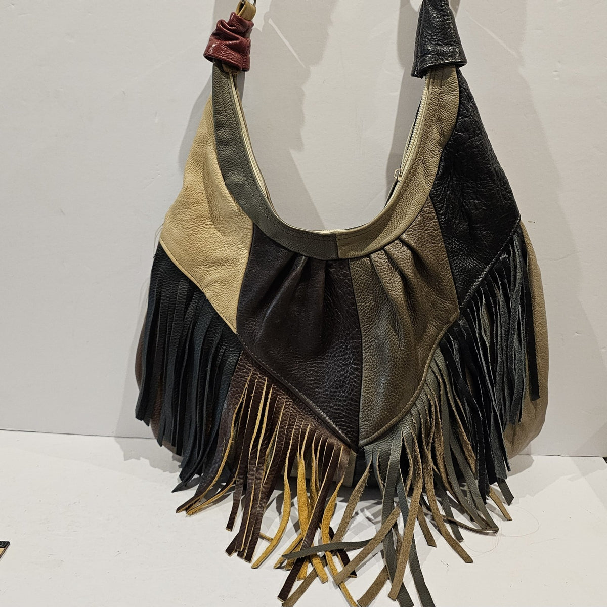 Vintage Leather Patchwork Fringe Hobo Bag