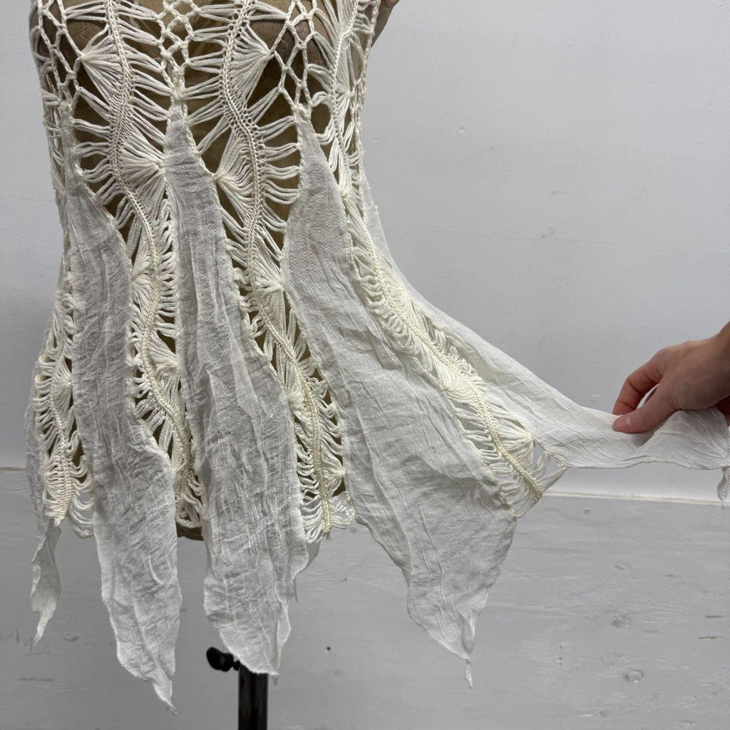 Vintage Y2K Paneled White Mixed-Media Crochet Tank Top