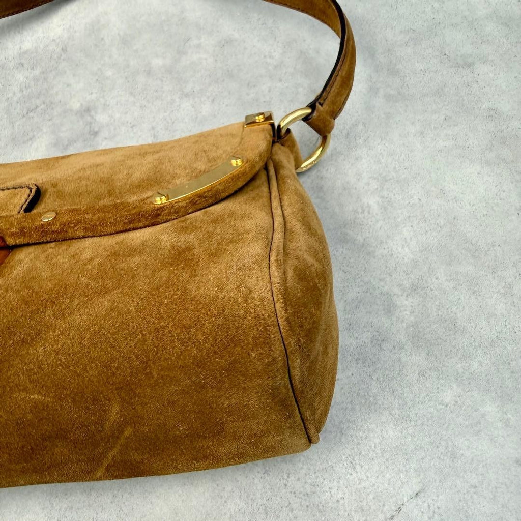PRADA Y2K Shoulder Hand Hobo Bag Brown Suede Leather Women's Authentic Used