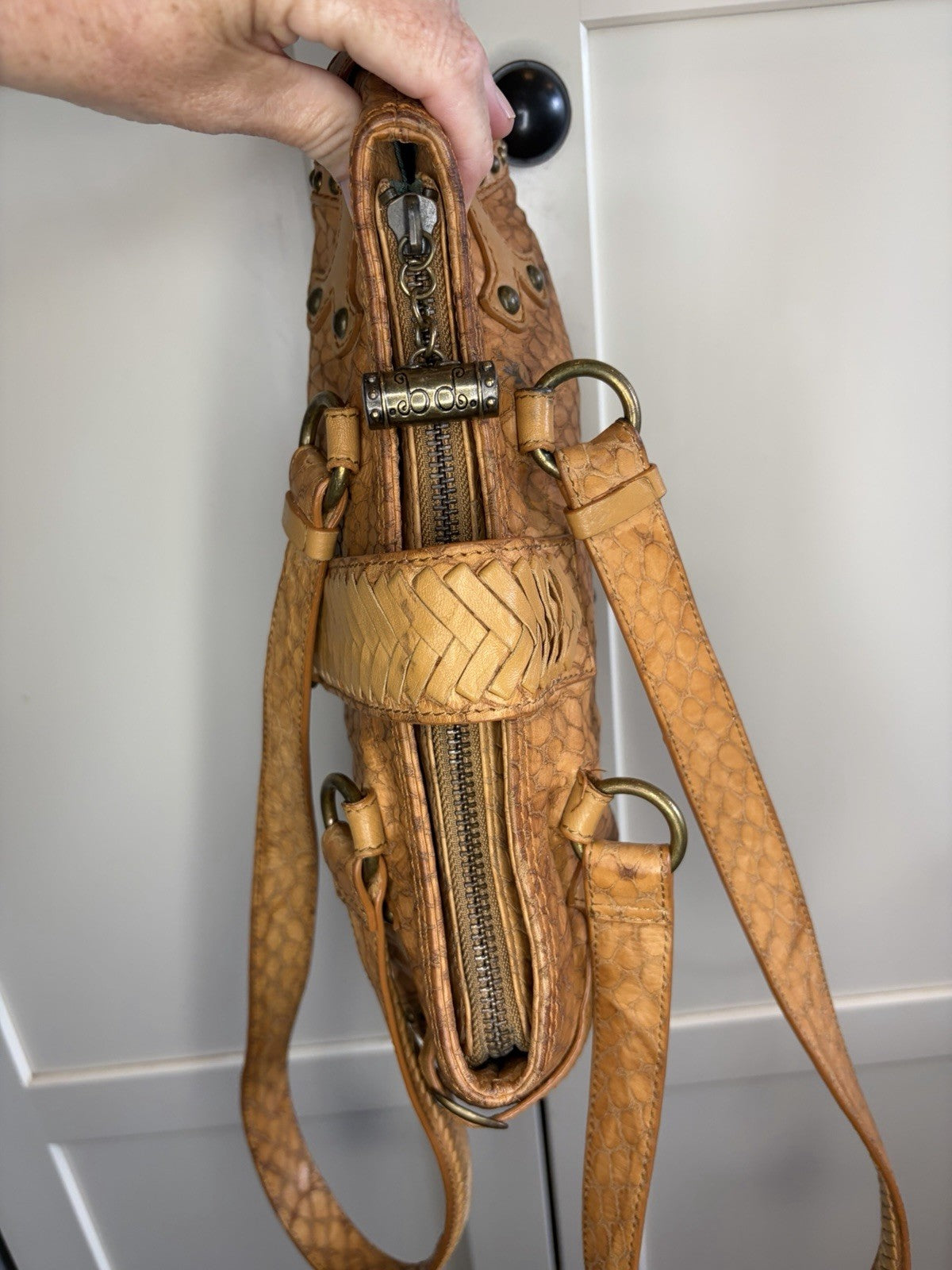 Babeed Brown Leather Snake Print Shoulder Bag