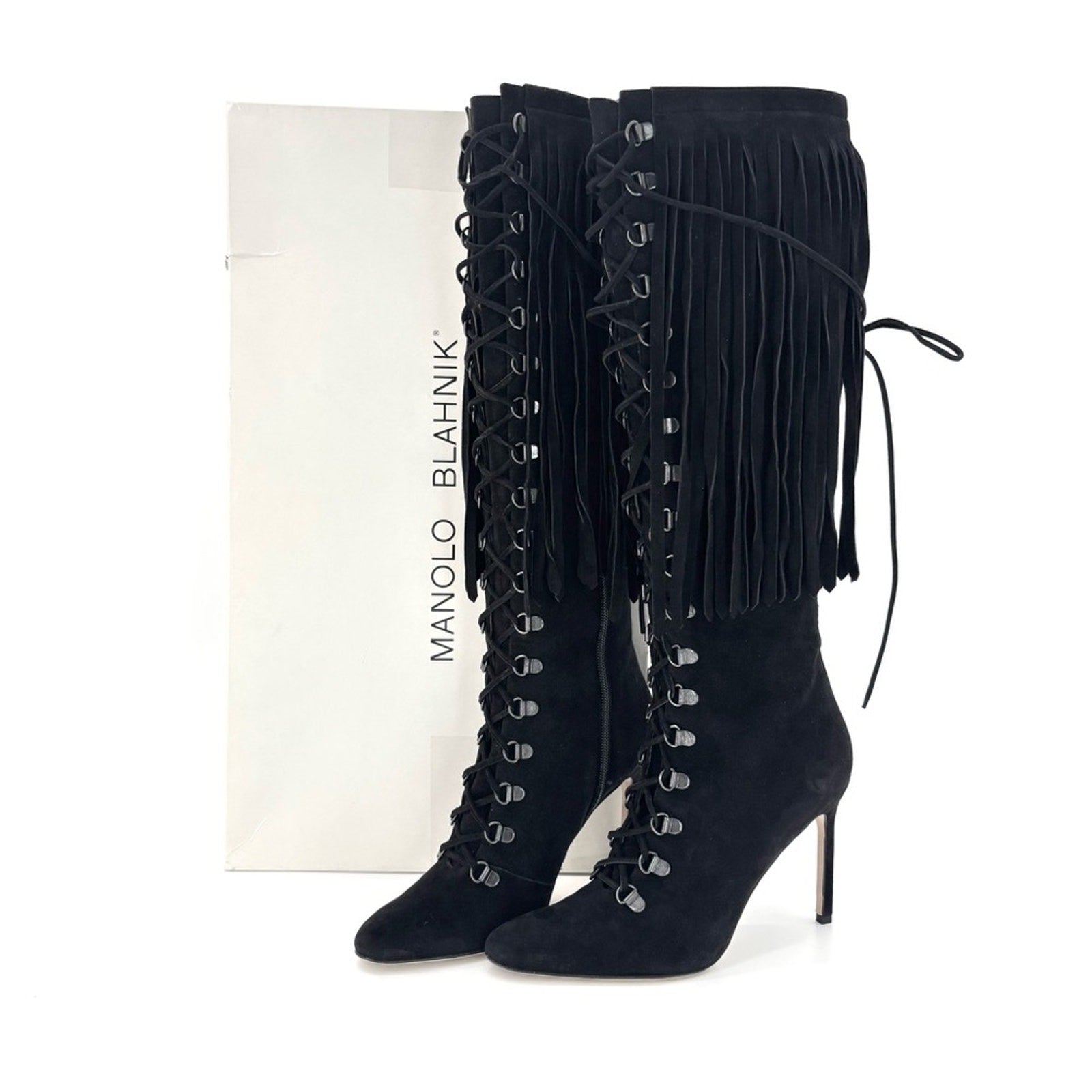 Manolo Blahnik 2015 Fringed Laceup Siouxi 105 Suede Knee High Heeled Boots 37.5