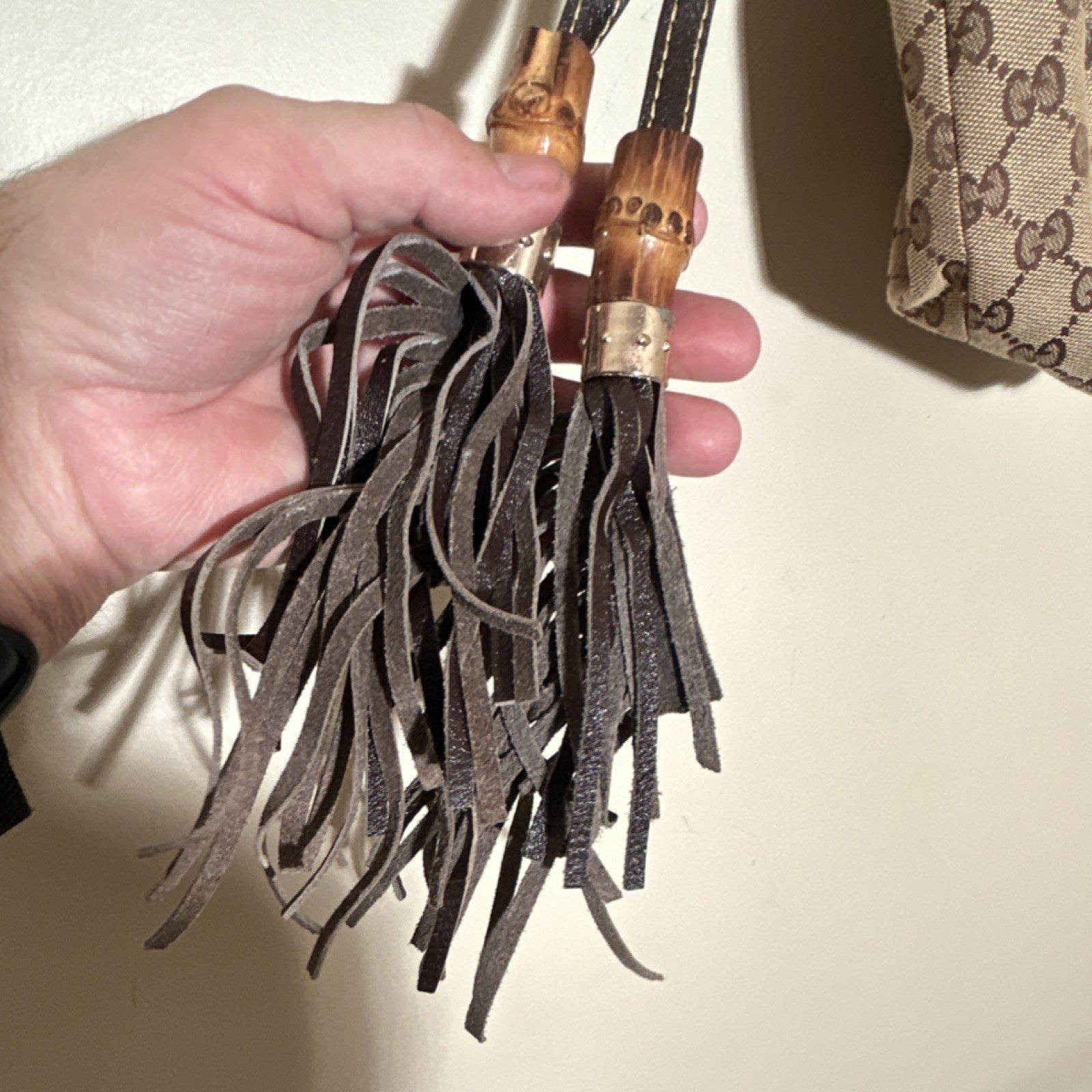 Gucci Brown Beige GG Logo Shoulder Bag Tassel Bamboo Silver Hardware Zip