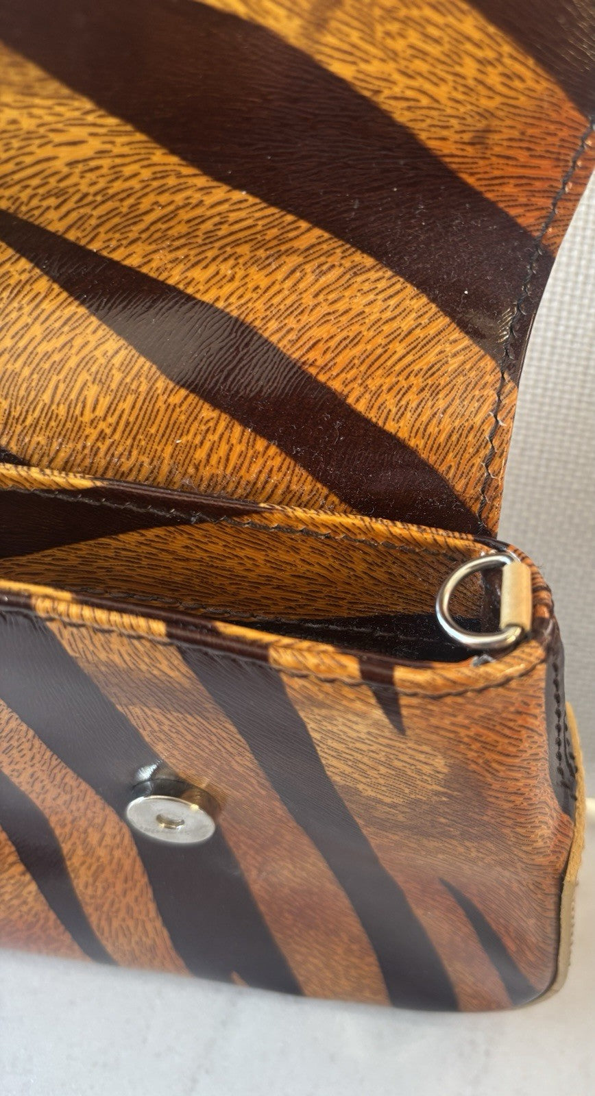 Vintage Francesco Biasia Tiger Stripe Leather Clutch Bag Italy Magnetic Snap