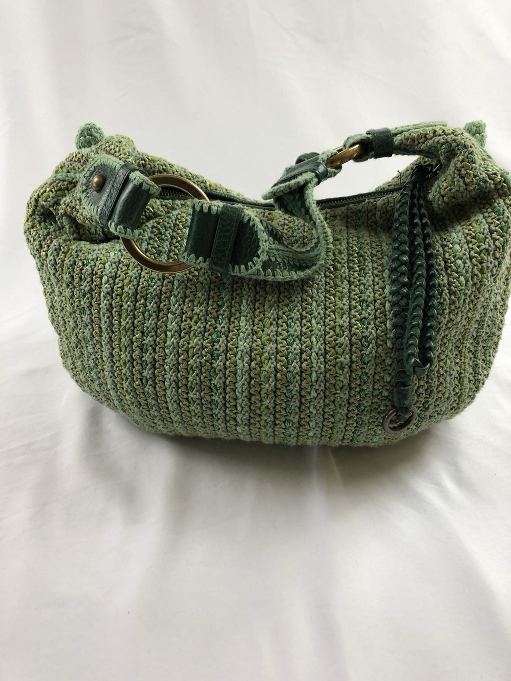 Isabella Fiore Green Crochet Floral Applique Shoulder Bag